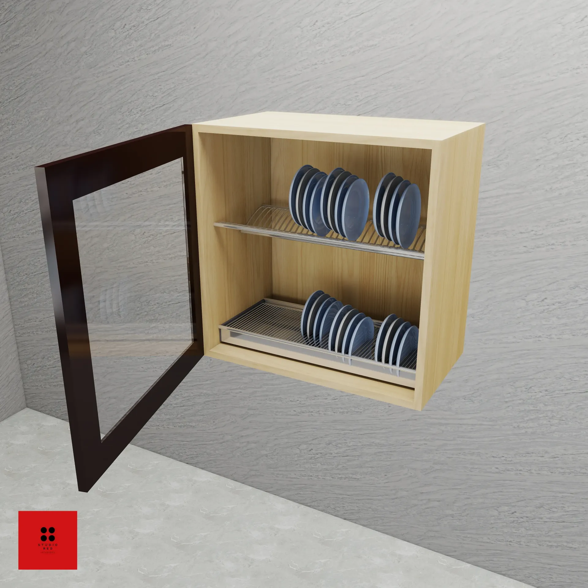 Wall Unit with 1 Aluminium Glass Shutter and Glass & Plate Tray -600 x350 x 720