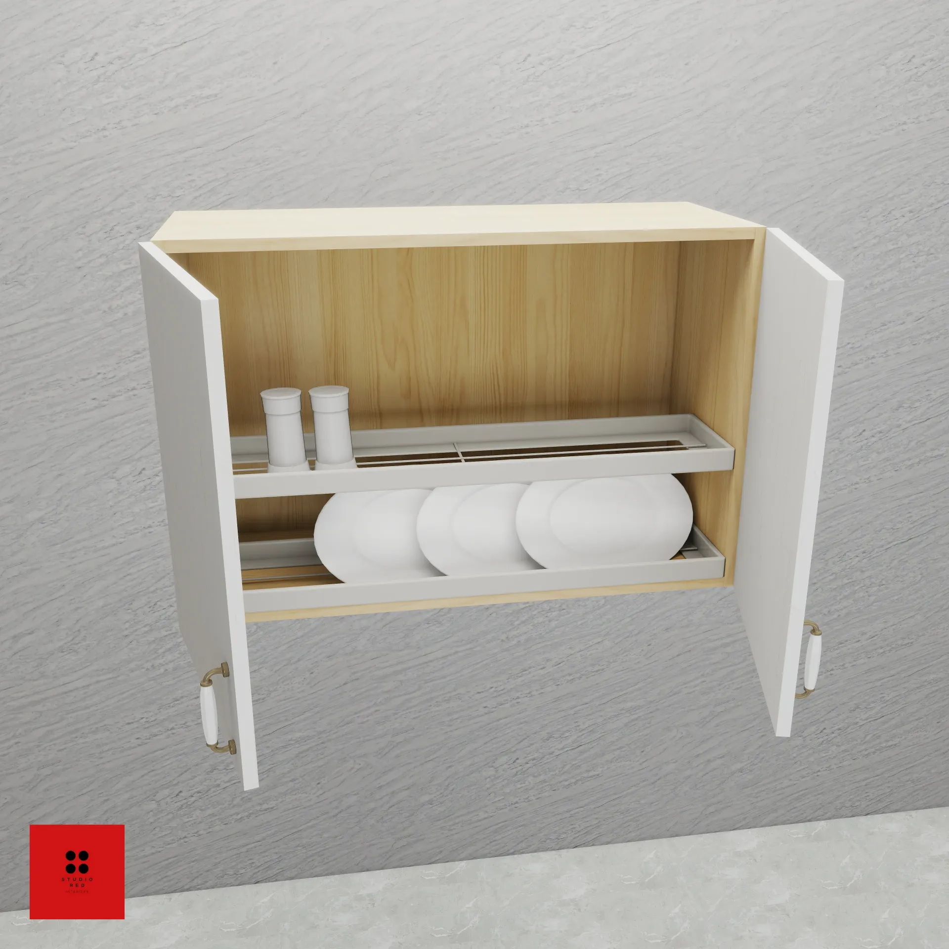 Wall Unit with 2 Shutters and  Glass & Plate Tray - 900 x 350 x 720