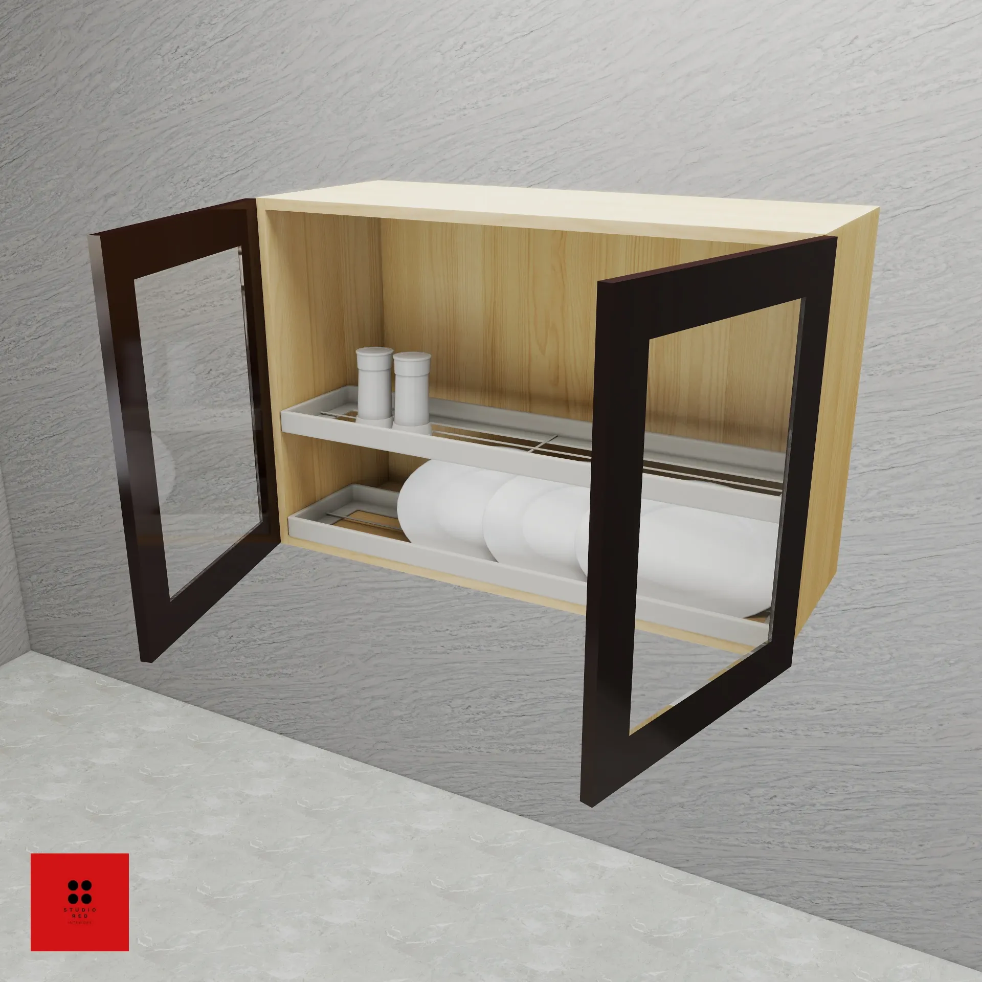 Wall Unit with 2 Aluminium Glass Shutter and Glass & Plate Tray -900 x350 x 600