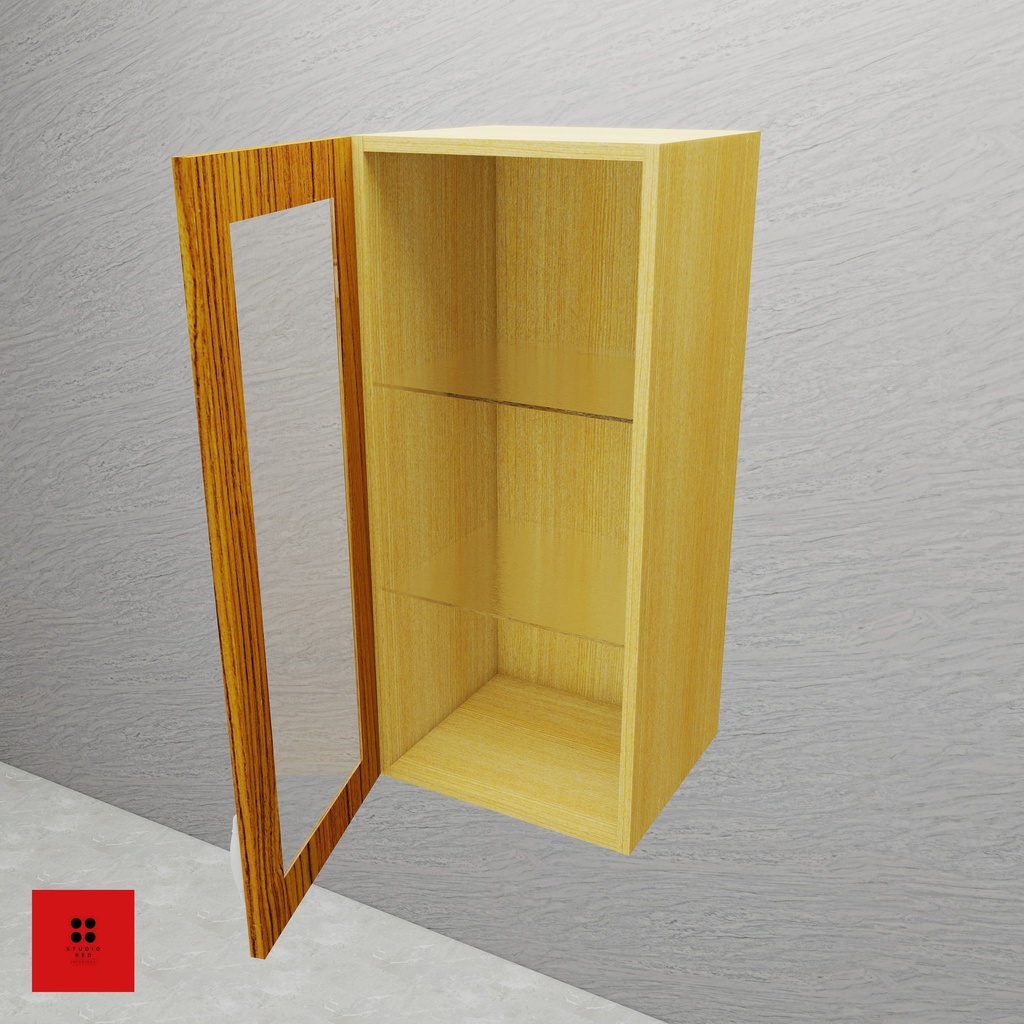 [KWU-WFG1S2GMS-H900-W550] Wall Unit with 1 Wooden Frame Glass Shutter with 2 Glass Shelf  - 550 x 350 x 900