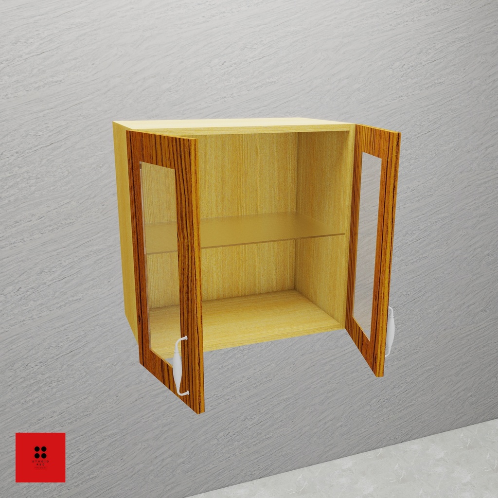 [KWU-WFG2S1GMS-H600-W650] Wall Unit with 2 Wooden Frame Glass Shutter with 1 Glass Shelf  - 650 x 350 x 600