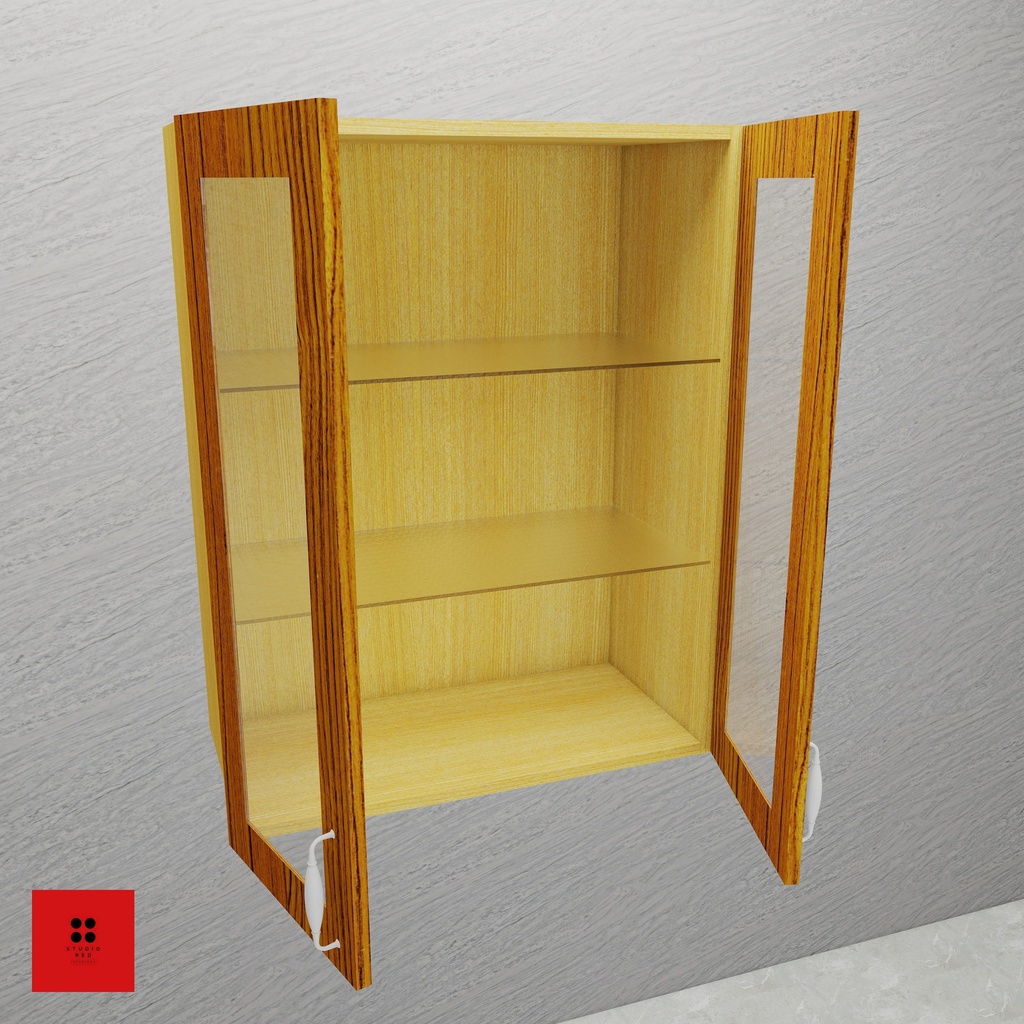 [KWU-WFG2S2GMS-H900-W750] Wall Unit with 2 Wooden Frame Glass Shutter with 2 Glass Shelf  - 750 x 350 x 900