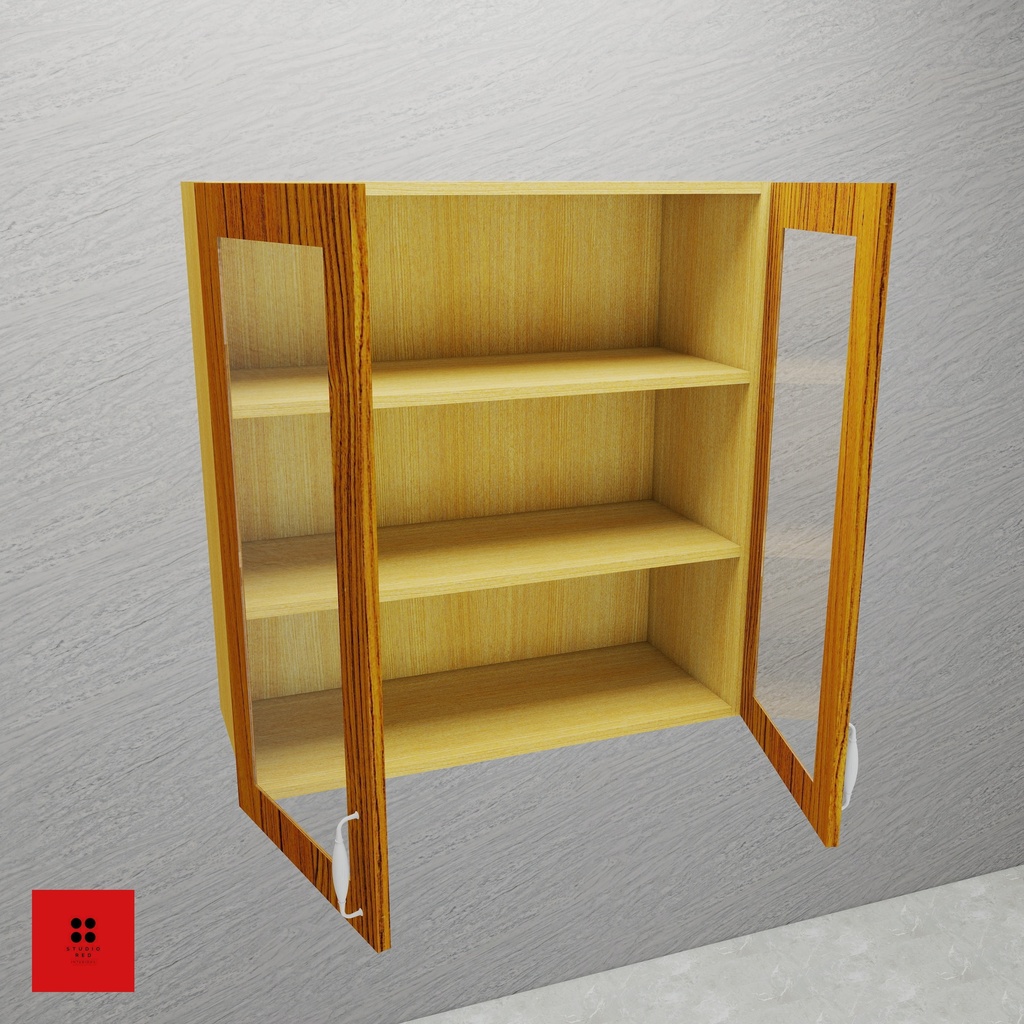 [KWU-WFG2S2FS-H900-W900] Wall Unit with 2 Wooden Frame Glass Shutter with 2 Shelf  - 900 x 350 x 900