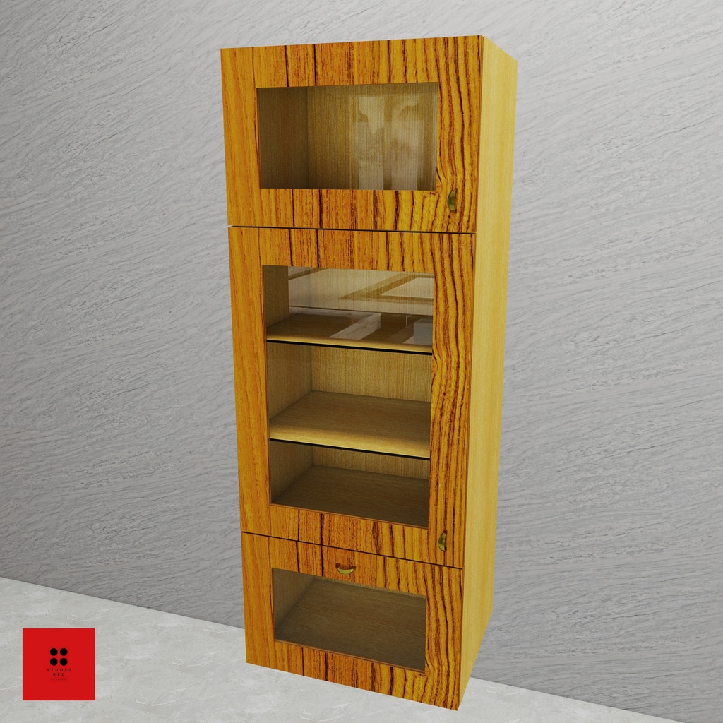 [KWU-WTCWFG3GMSD450-H1320-W600] Worktop cabinet with Wooden frame & Glass Shutter and 3 Glass Shelves - 600x 450 x 1320