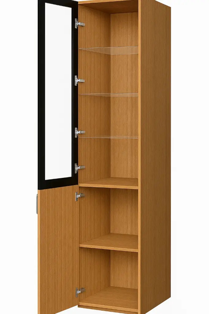 Tall Unit with 1 Aluminium Profile Glass Shutter & 1 Wooden Shutter and 3 Glass & 2 Shelves - 450 x 580 x 2200