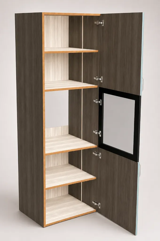 Tall Unit with 2 Wooden Shutter 1 Aluminum Glass Profile Shutter and 4 Shelves for Microwave - 632 x 580 x 2100