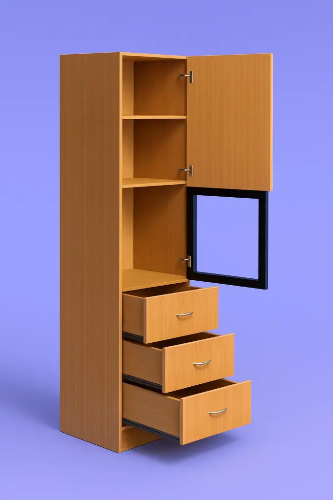 Tall Unit with 1 Wooden Shutter 1 Aluminum Glass Profile Shutter 3 Shelves and 3M Drawers for Microwave - 632 x 580 x 2200