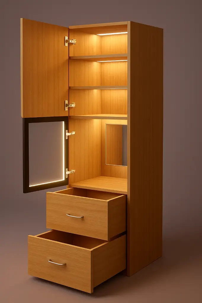 Tall Unit with 1 Wooden Shutter 1 Aluminum Glass Profile Shutter 3 Shelves and 2M Drawers for Microwave - 632 x 580 x 2200