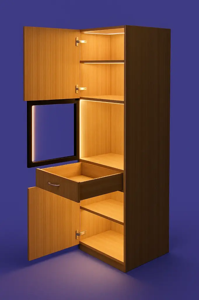 Tall Unit with 2 Wooden Shutter 1 Aluminum Glass Profile Shutter 3 Shelves and 1S Drawer for Microwave - 632 x 580 x 2200
