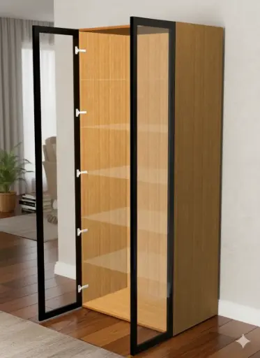 [KTU-2AP5GS-H2100-W900] Tall Unit with 2 Aluminium Profile Glass Shutter and 5 Glass Shelves - 900 x 580 x 2100