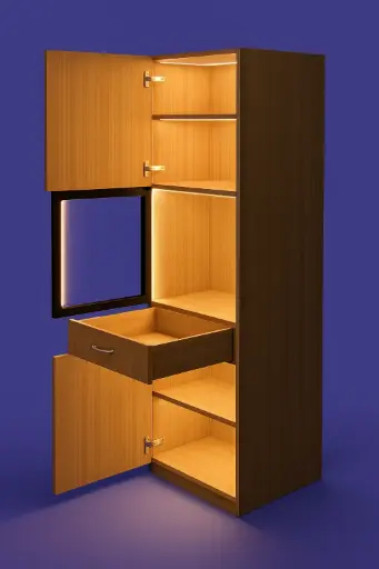 [KTU-2S1AGS3FS1SD-H2100-W632] Tall Unit with 2 Wooden Shutter 1 Aluminum Glass Profile Shutter 3 Shelves and 1S Drawer for Microwave - 632 x 580 x 2100